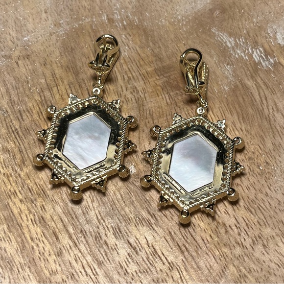 Judith Ripka 14K Sterling Silver Clad Diamonique & Mother of Pearl Earrings RARE - Picture 10 of 16